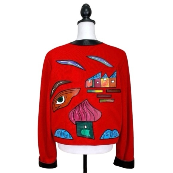 Vintage Jackets & Blazers - Pikamo Vintage 90s Statement Jacket Art To Wear Leather Trim Wool Blend Red XL